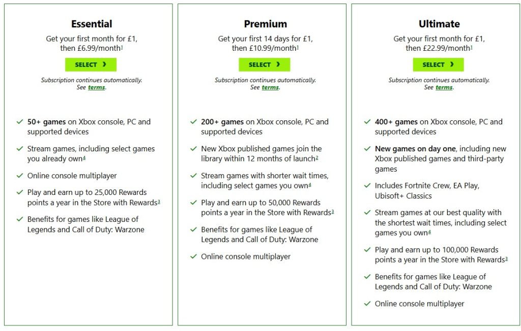 варианты подписки Game Pass 